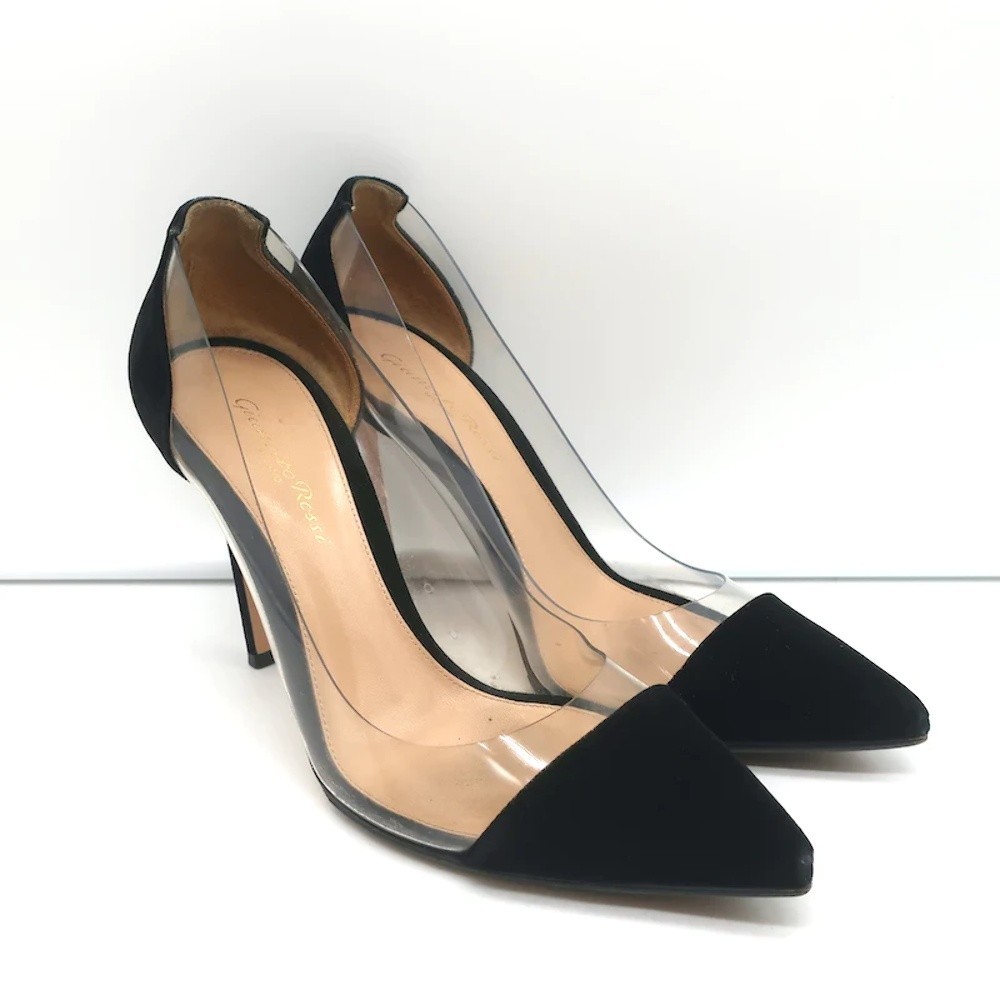 Gianvito Rossi Plexi Velvet and PVC Pumps Black Size 37.5 Pointed Toe Heels - Picture 2 of 11